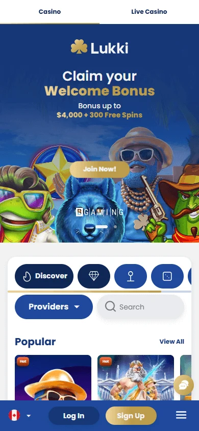 Lukki Casino mobile games area on a phone