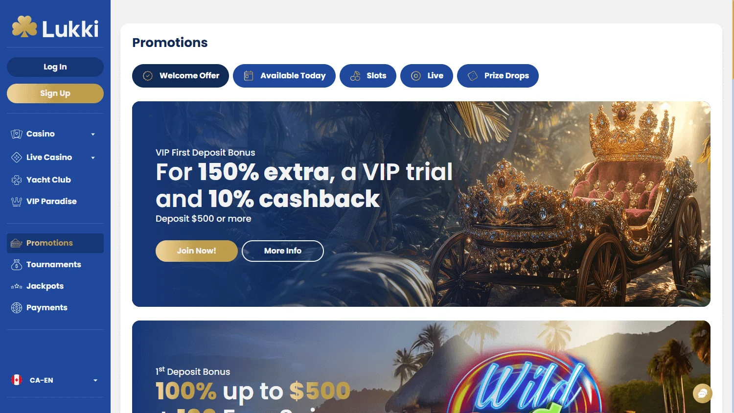 Lukki Casino desktop promotions area